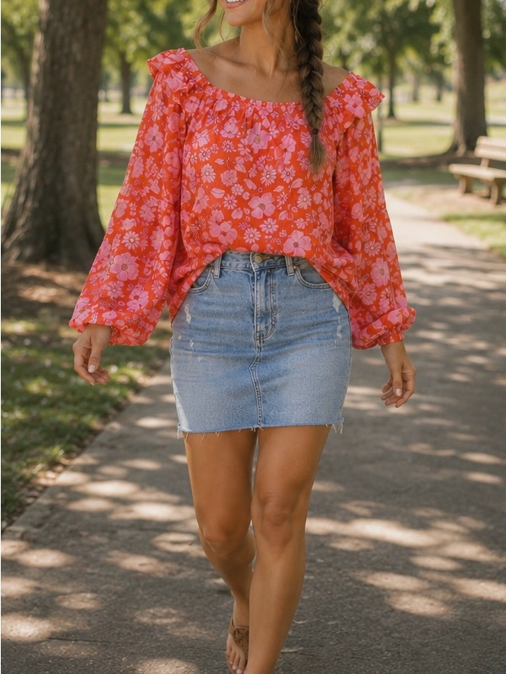 NWT Free People Coral Pink Floral Miss Daisy Blouse in Heat Wave Combo Large L